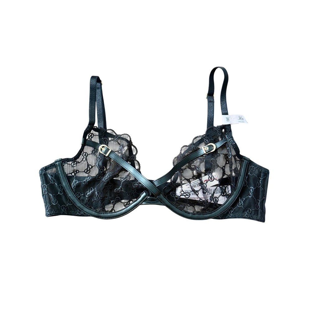 Victorias Secret Black Logo Lace Unlined Demi Harness Bra 36B New Goth Sheer